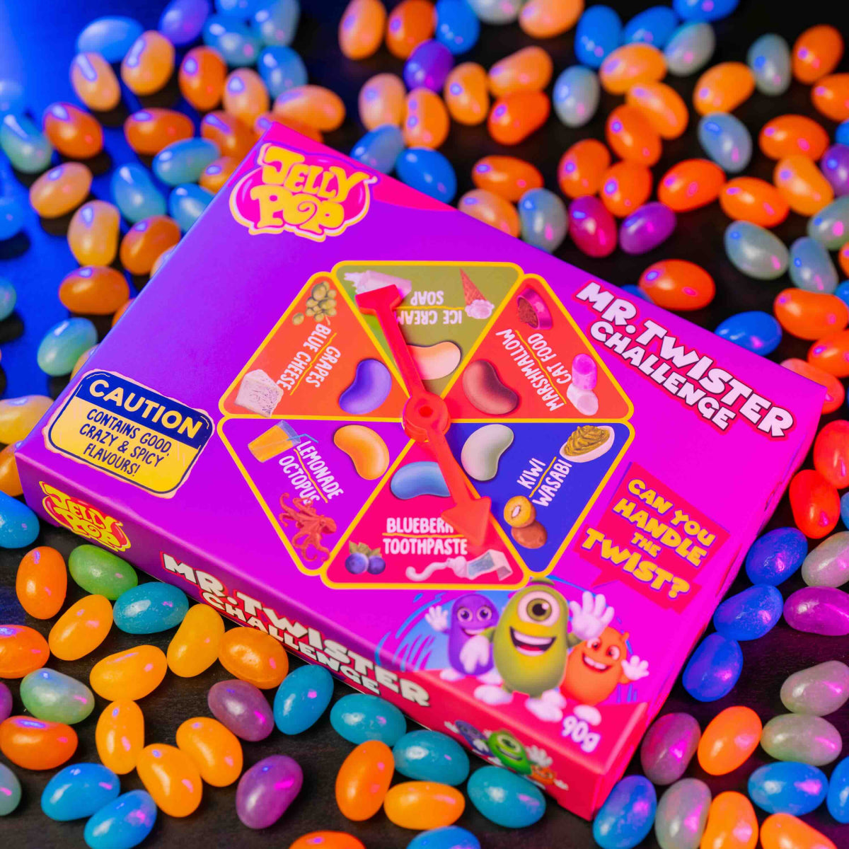 Nagnuta kutija JellyPop Mr.Twister Challenge bombona, 90 g, s vrtuljkom na pakiranju