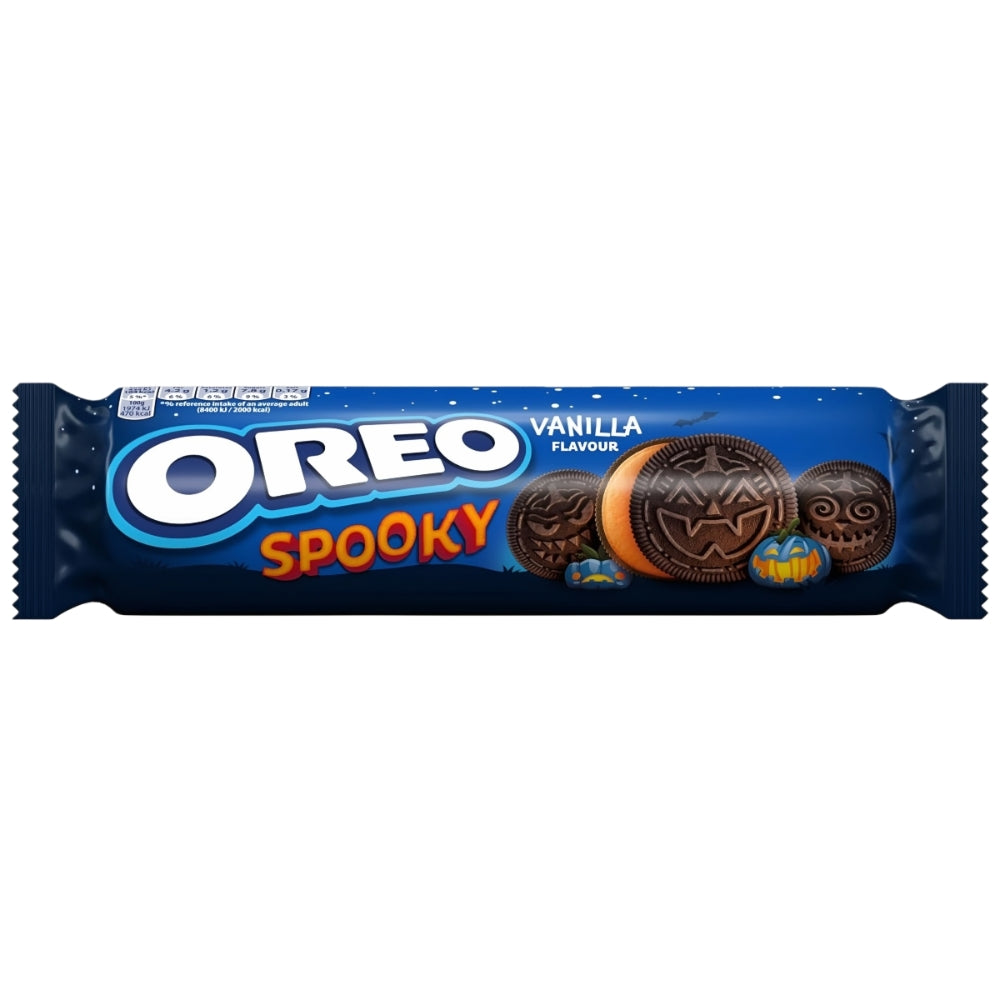Oreo Halloween vanilija keks u pakiranju, tamni okrugli keks sendvič
