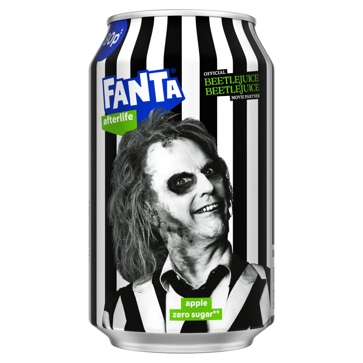 Fanta afterlife limenka s okusom jabuke, bez šećera, crno-bijeli dizajn