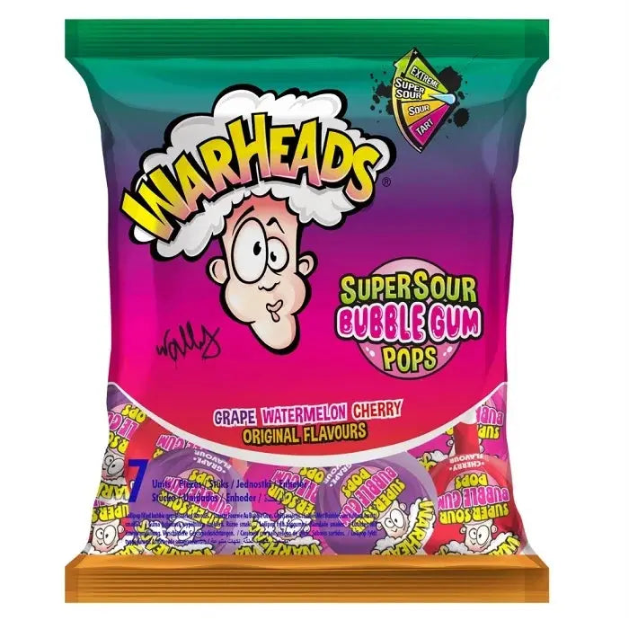Warheads Super Sour Bubble Gum Pops Assorted Flavours 105g OhMyCandyBox